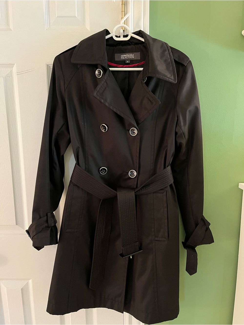 Kenneth Cole Reaction Black Double-Breasted Trench with Belt